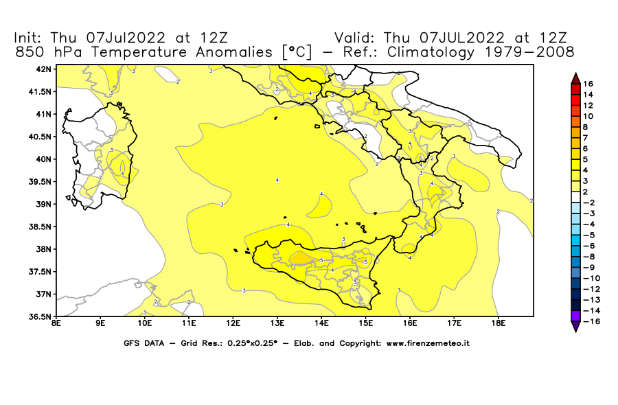 GFS analysi map - Temperature Anomalies [°C] at 850 hPa in Southern Italy
									on 07/07/2022 12 <!--googleoff: index-->UTC<!--googleon: index-->