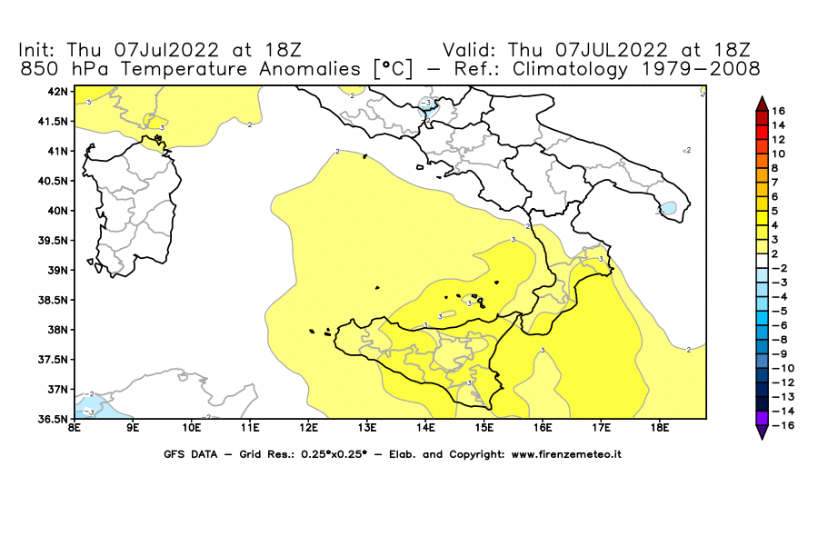GFS analysi map - Temperature Anomalies [°C] at 850 hPa in Southern Italy
									on 07/07/2022 18 <!--googleoff: index-->UTC<!--googleon: index-->