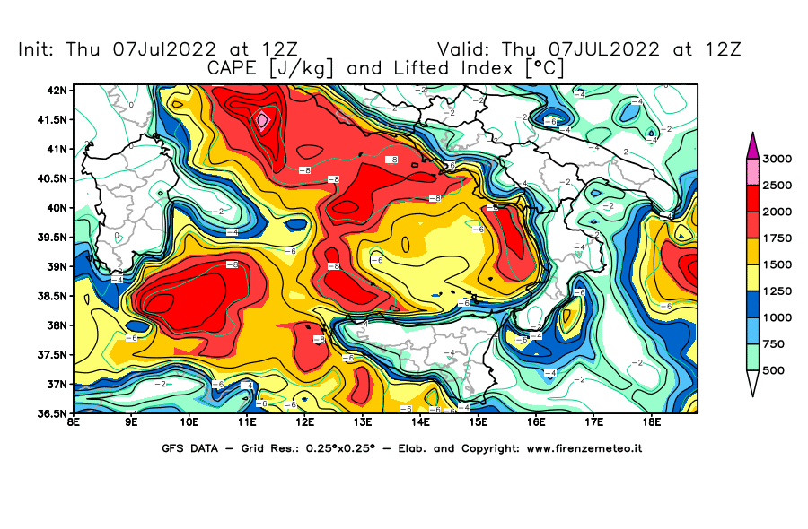 GFS analysi map - CAPE [J/kg] and Lifted Index [°C] in Southern Italy
									on 07/07/2022 12 <!--googleoff: index-->UTC<!--googleon: index-->