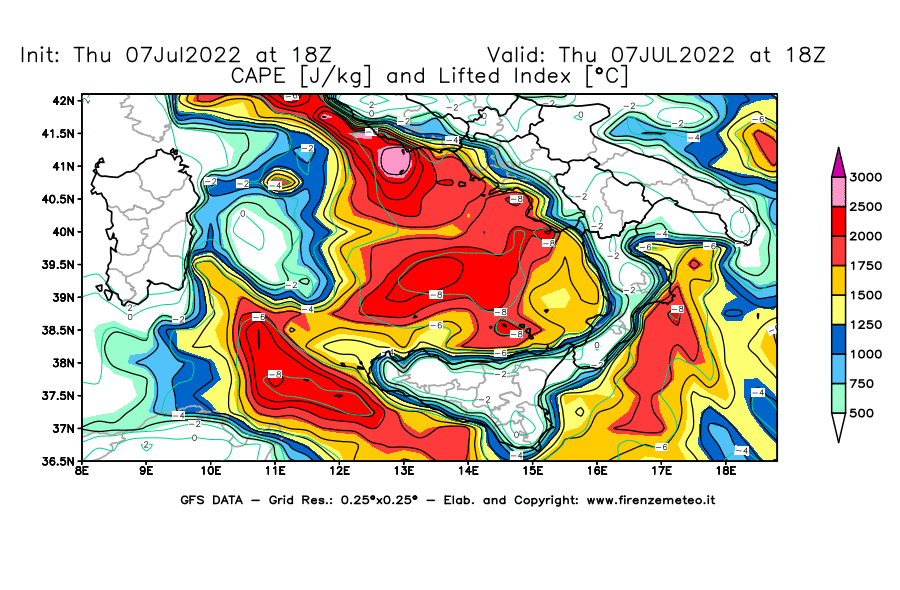 GFS analysi map - CAPE [J/kg] and Lifted Index [°C] in Southern Italy
									on 07/07/2022 18 <!--googleoff: index-->UTC<!--googleon: index-->