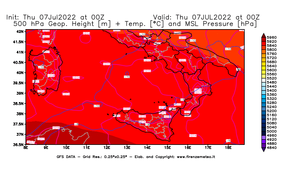 GFS analysi map - Geopotential [m] + Temp. [°C] at 500 hPa + Sea Level Pressure [hPa] in Southern Italy
									on 07/07/2022 00 <!--googleoff: index-->UTC<!--googleon: index-->