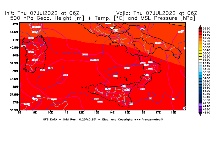 GFS analysi map - Geopotential [m] + Temp. [°C] at 500 hPa + Sea Level Pressure [hPa] in Southern Italy
									on 07/07/2022 06 <!--googleoff: index-->UTC<!--googleon: index-->