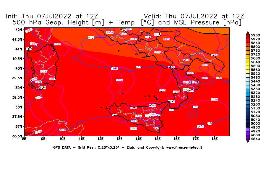 GFS analysi map - Geopotential [m] + Temp. [°C] at 500 hPa + Sea Level Pressure [hPa] in Southern Italy
									on 07/07/2022 12 <!--googleoff: index-->UTC<!--googleon: index-->