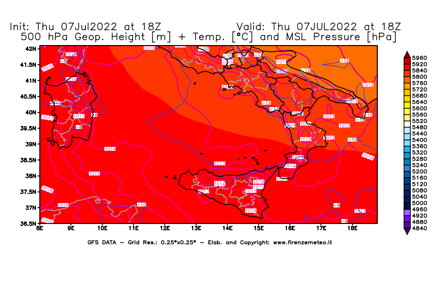 GFS analysi map - Geopotential [m] + Temp. [°C] at 500 hPa + Sea Level Pressure [hPa] in Southern Italy
									on 07/07/2022 18 <!--googleoff: index-->UTC<!--googleon: index-->