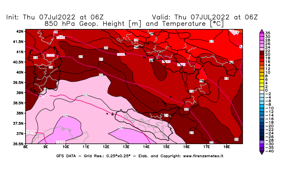 GFS analysi map - Geopotential [m] and Temperature [°C] at 850 hPa in Southern Italy
									on 07/07/2022 06 <!--googleoff: index-->UTC<!--googleon: index-->