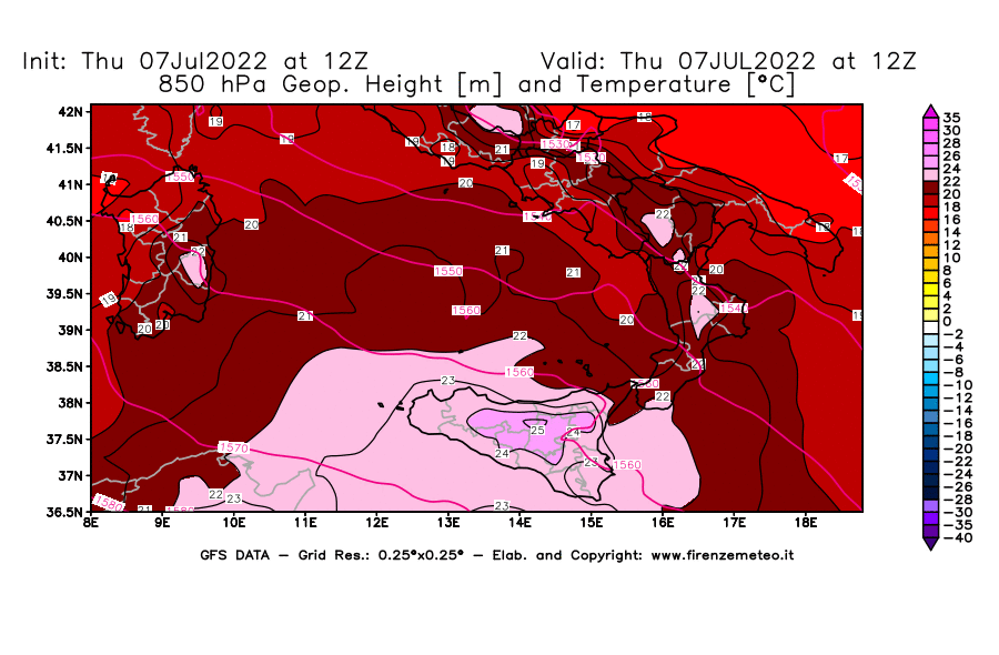 GFS analysi map - Geopotential [m] and Temperature [°C] at 850 hPa in Southern Italy
									on 07/07/2022 12 <!--googleoff: index-->UTC<!--googleon: index-->