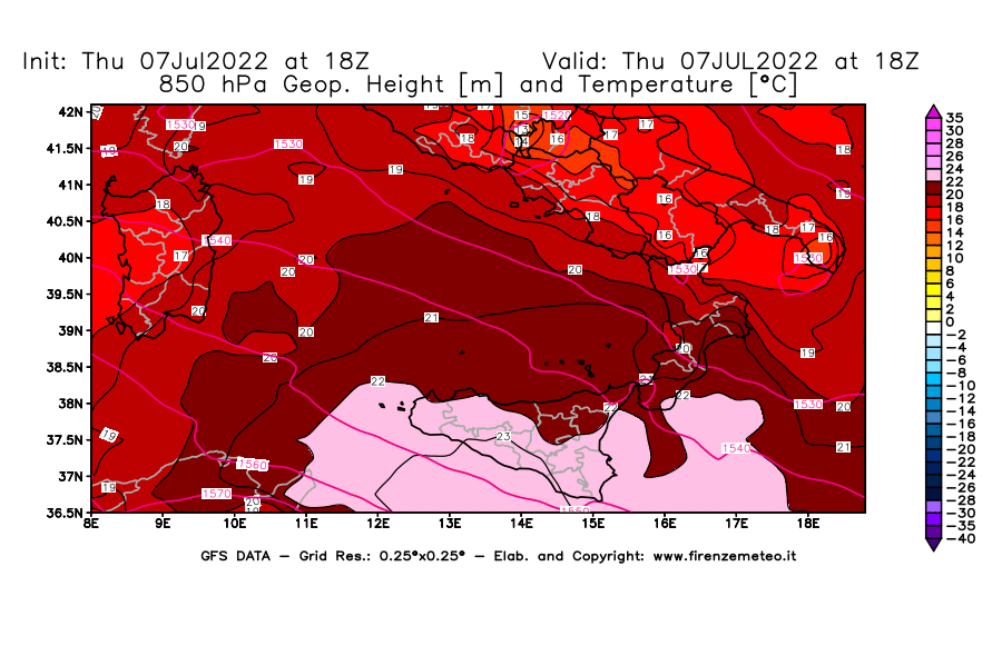 GFS analysi map - Geopotential [m] and Temperature [°C] at 850 hPa in Southern Italy
									on 07/07/2022 18 <!--googleoff: index-->UTC<!--googleon: index-->