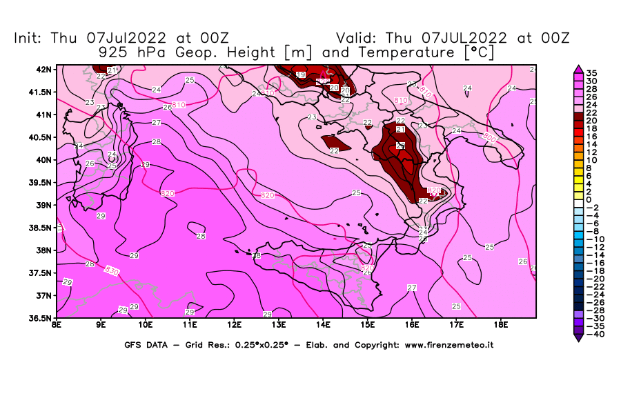 GFS analysi map - Geopotential [m] and Temperature [°C] at 925 hPa in Southern Italy
									on 07/07/2022 00 <!--googleoff: index-->UTC<!--googleon: index-->