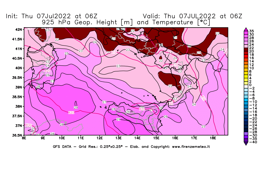 GFS analysi map - Geopotential [m] and Temperature [°C] at 925 hPa in Southern Italy
									on 07/07/2022 06 <!--googleoff: index-->UTC<!--googleon: index-->