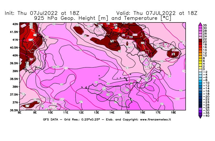 GFS analysi map - Geopotential [m] and Temperature [°C] at 925 hPa in Southern Italy
									on 07/07/2022 18 <!--googleoff: index-->UTC<!--googleon: index-->