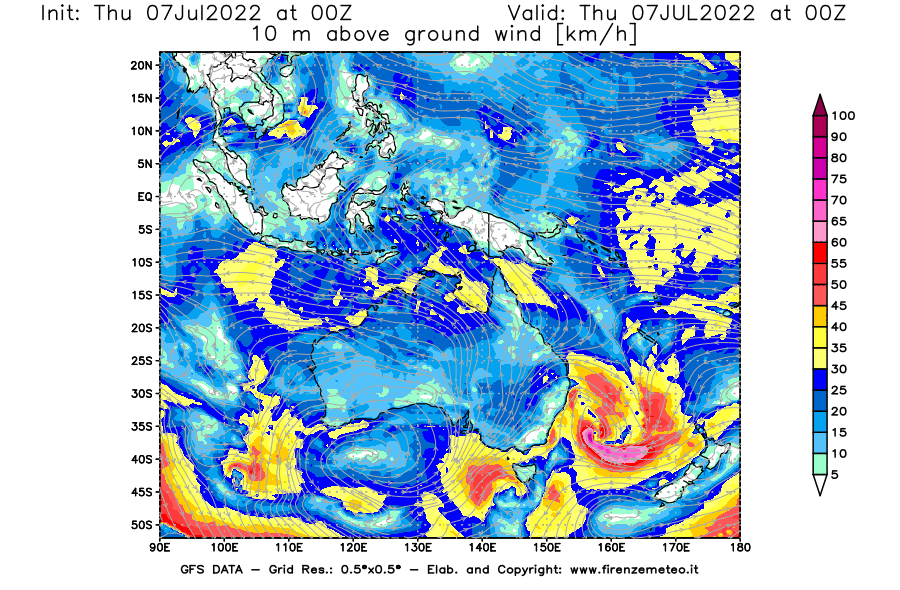 GFS analysi map - Wind Speed at 10 m above ground [km/h] in Oceania
									on 07/07/2022 00 <!--googleoff: index-->UTC<!--googleon: index-->