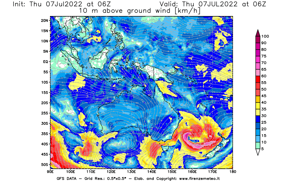 GFS analysi map - Wind Speed at 10 m above ground [km/h] in Oceania
									on 07/07/2022 06 <!--googleoff: index-->UTC<!--googleon: index-->