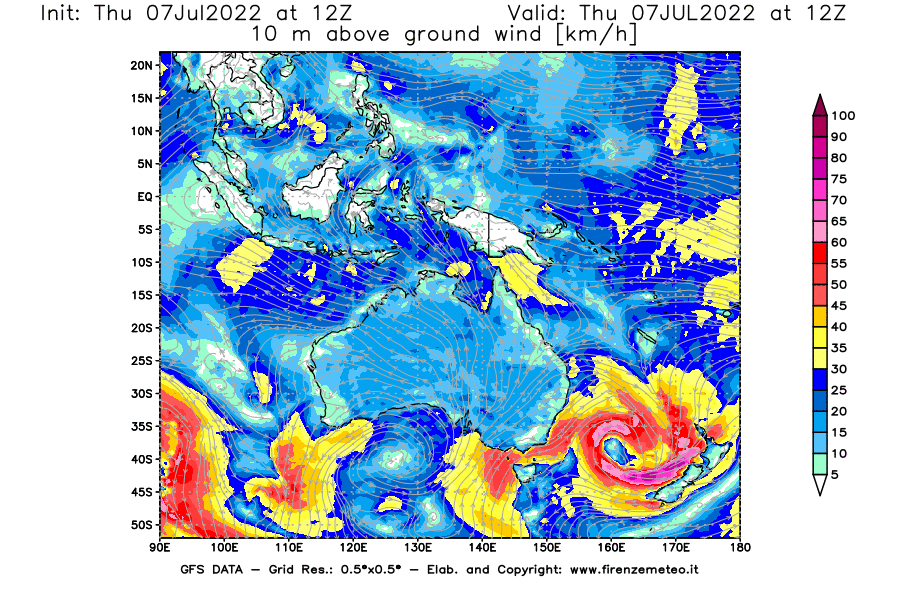 GFS analysi map - Wind Speed at 10 m above ground [km/h] in Oceania
									on 07/07/2022 12 <!--googleoff: index-->UTC<!--googleon: index-->
