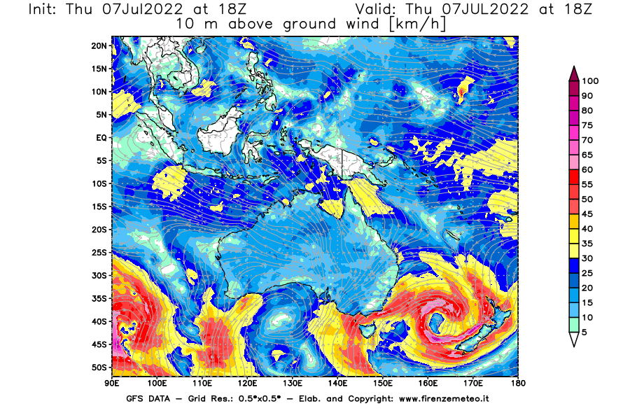 GFS analysi map - Wind Speed at 10 m above ground [km/h] in Oceania
									on 07/07/2022 18 <!--googleoff: index-->UTC<!--googleon: index-->