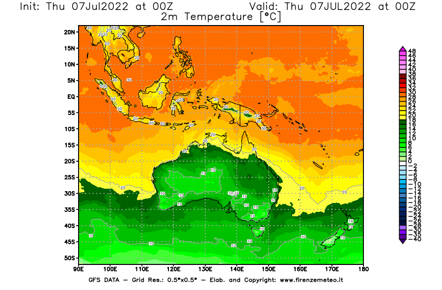 GFS analysi map - Temperature at 2 m above ground [°C] in Oceania
									on 07/07/2022 00 <!--googleoff: index-->UTC<!--googleon: index-->