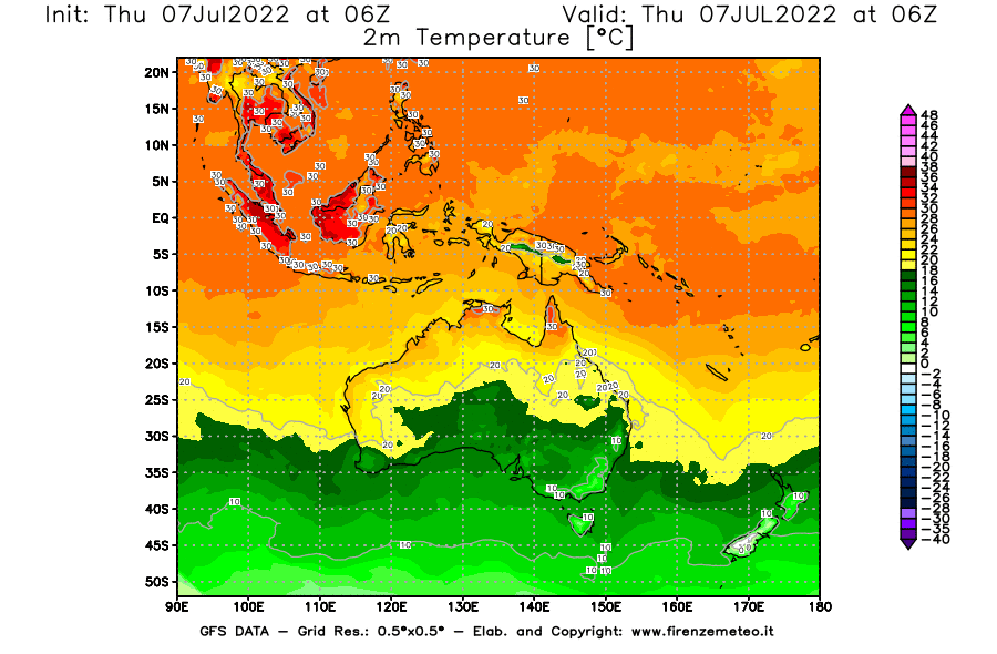 GFS analysi map - Temperature at 2 m above ground [°C] in Oceania
									on 07/07/2022 06 <!--googleoff: index-->UTC<!--googleon: index-->