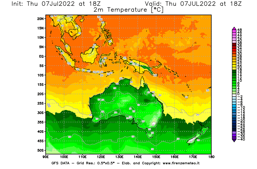 GFS analysi map - Temperature at 2 m above ground [°C] in Oceania
									on 07/07/2022 18 <!--googleoff: index-->UTC<!--googleon: index-->