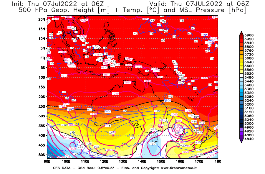 GFS analysi map - Geopotential [m] + Temp. [°C] at 500 hPa + Sea Level Pressure [hPa] in Oceania
									on 07/07/2022 06 <!--googleoff: index-->UTC<!--googleon: index-->