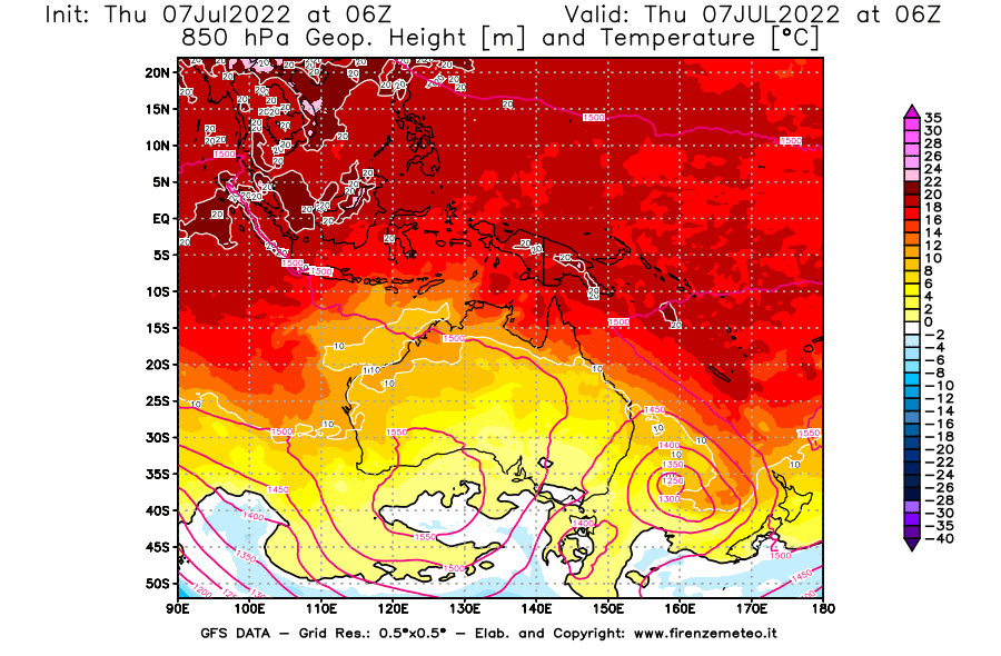 GFS analysi map - Geopotential [m] and Temperature [°C] at 850 hPa in Oceania
									on 07/07/2022 06 <!--googleoff: index-->UTC<!--googleon: index-->