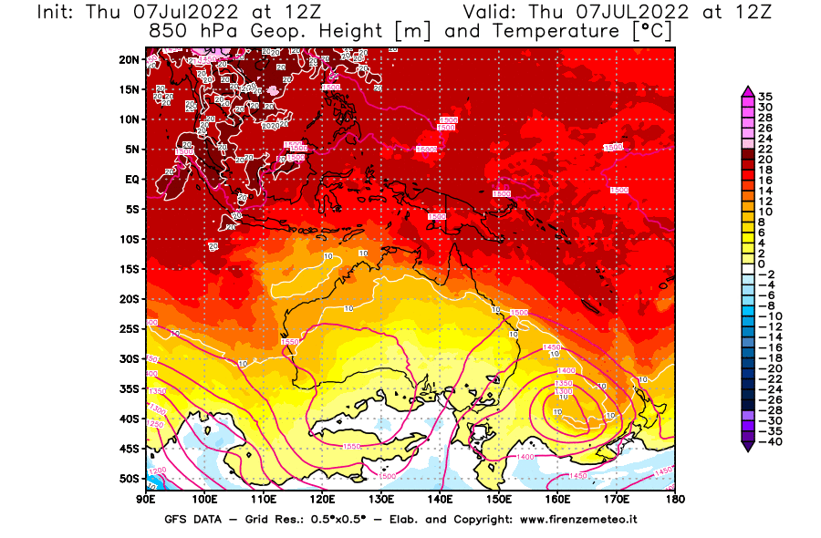 GFS analysi map - Geopotential [m] and Temperature [°C] at 850 hPa in Oceania
									on 07/07/2022 12 <!--googleoff: index-->UTC<!--googleon: index-->