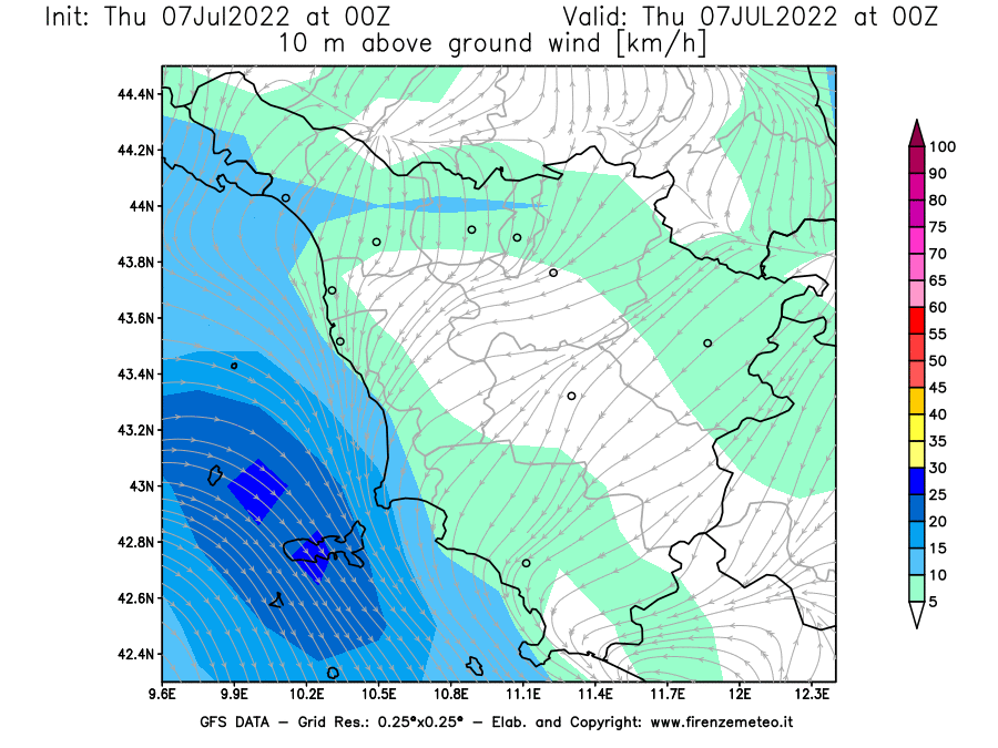 GFS analysi map - Wind Speed at 10 m above ground [km/h] in Tuscany
									on 07/07/2022 00 <!--googleoff: index-->UTC<!--googleon: index-->