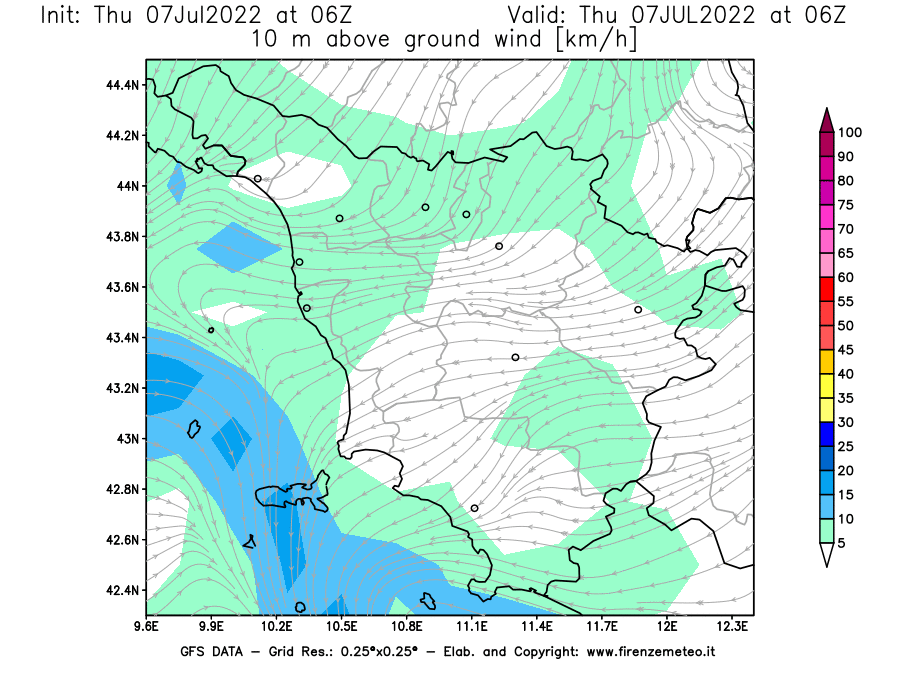 GFS analysi map - Wind Speed at 10 m above ground [km/h] in Tuscany
									on 07/07/2022 06 <!--googleoff: index-->UTC<!--googleon: index-->
