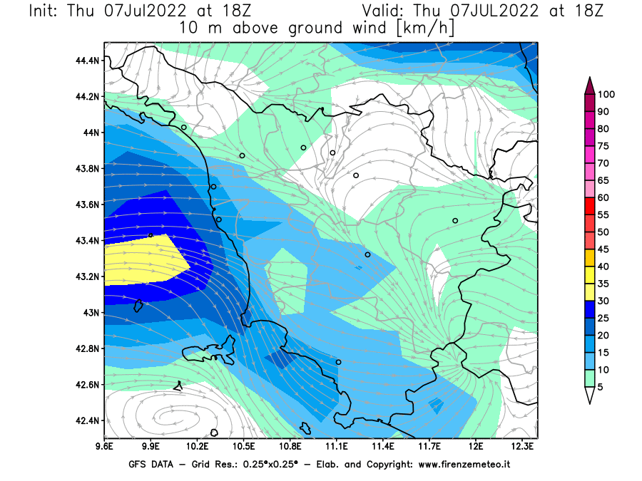 GFS analysi map - Wind Speed at 10 m above ground [km/h] in Tuscany
									on 07/07/2022 18 <!--googleoff: index-->UTC<!--googleon: index-->