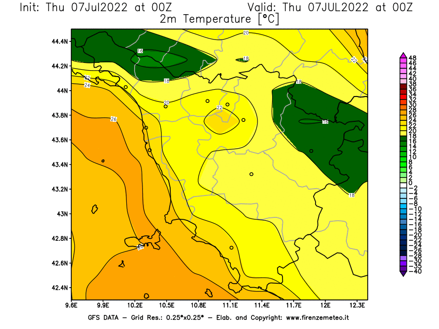 GFS analysi map - Temperature at 2 m above ground [°C] in Tuscany
									on 07/07/2022 00 <!--googleoff: index-->UTC<!--googleon: index-->