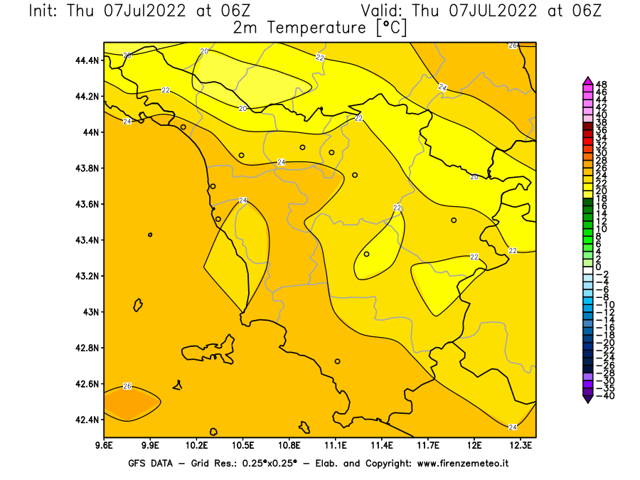 GFS analysi map - Temperature at 2 m above ground [°C] in Tuscany
									on 07/07/2022 06 <!--googleoff: index-->UTC<!--googleon: index-->