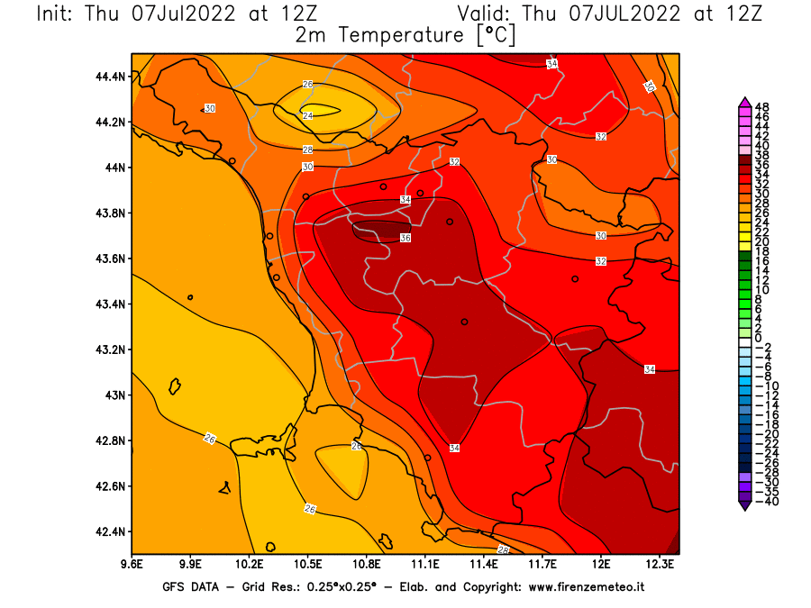 GFS analysi map - Temperature at 2 m above ground [°C] in Tuscany
									on 07/07/2022 12 <!--googleoff: index-->UTC<!--googleon: index-->