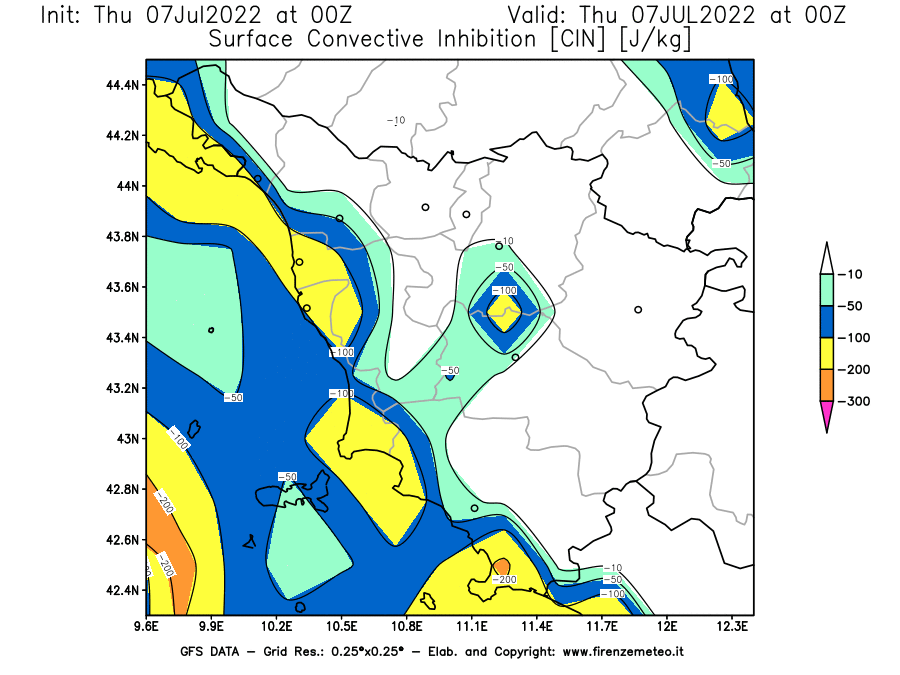 GFS analysi map - CIN [J/kg] in Tuscany
									on 07/07/2022 00 <!--googleoff: index-->UTC<!--googleon: index-->