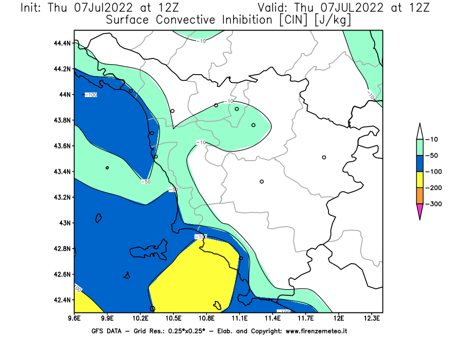 GFS analysi map - CIN [J/kg] in Tuscany
									on 07/07/2022 12 <!--googleoff: index-->UTC<!--googleon: index-->