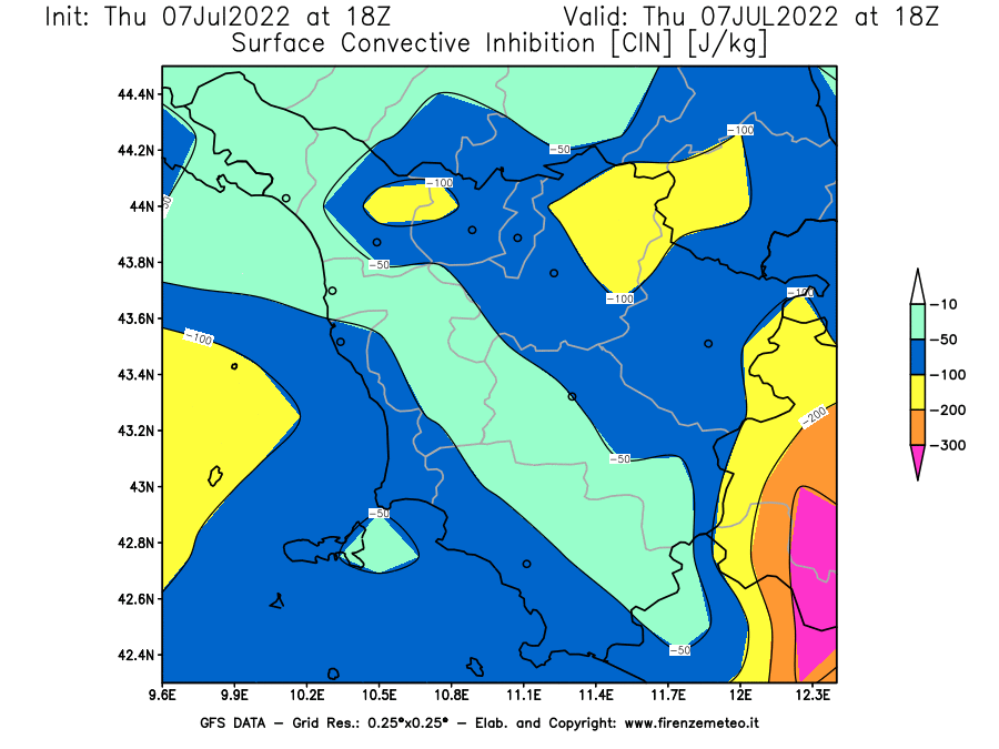 GFS analysi map - CIN [J/kg] in Tuscany
									on 07/07/2022 18 <!--googleoff: index-->UTC<!--googleon: index-->