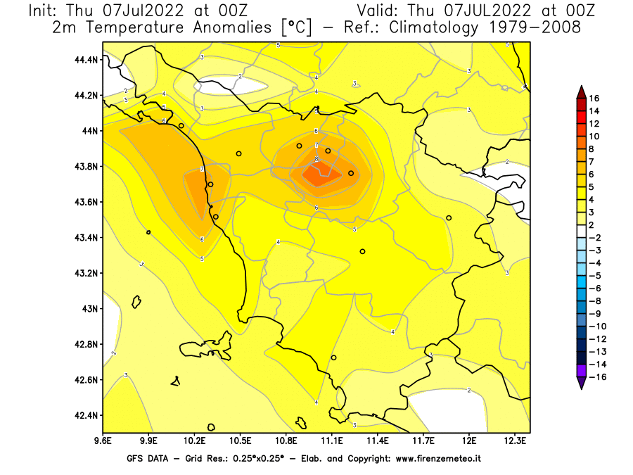 GFS analysi map - Temperature Anomalies [°C] at 2 m in Tuscany
									on 07/07/2022 00 <!--googleoff: index-->UTC<!--googleon: index-->