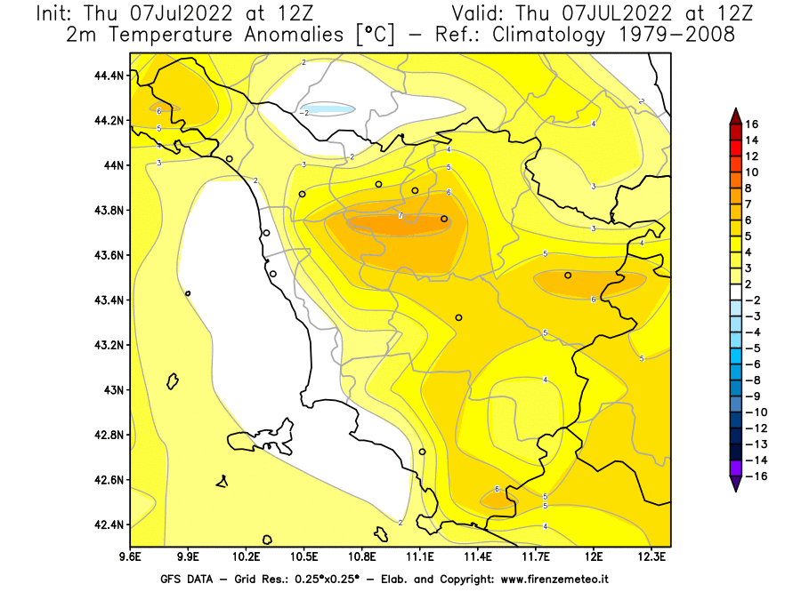 GFS analysi map - Temperature Anomalies [°C] at 2 m in Tuscany
									on 07/07/2022 12 <!--googleoff: index-->UTC<!--googleon: index-->