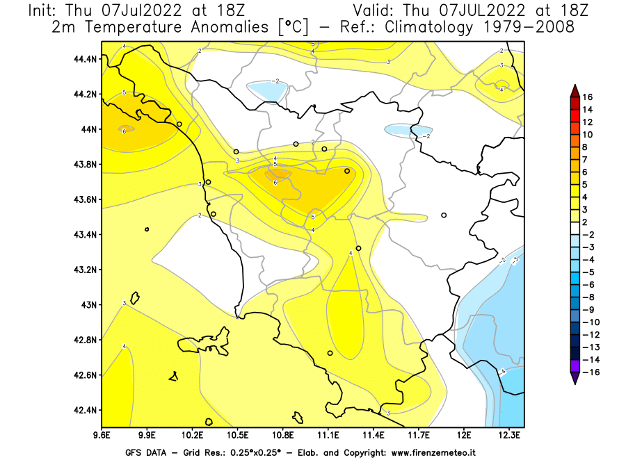 GFS analysi map - Temperature Anomalies [°C] at 2 m in Tuscany
									on 07/07/2022 18 <!--googleoff: index-->UTC<!--googleon: index-->
