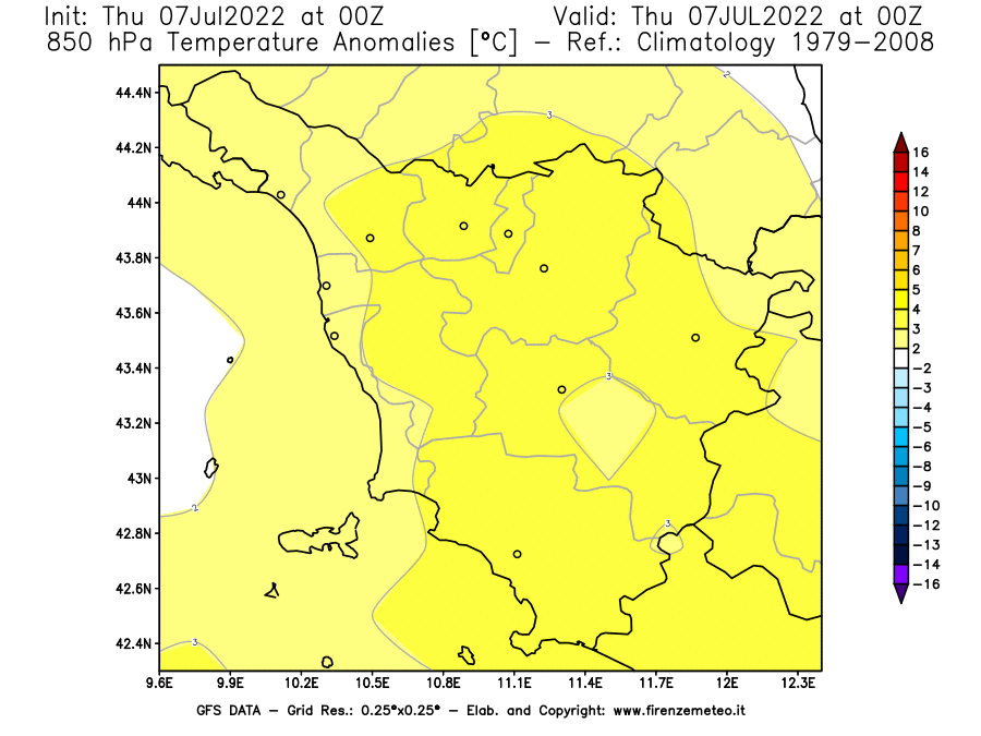 GFS analysi map - Temperature Anomalies [°C] at 850 hPa in Tuscany
									on 07/07/2022 00 <!--googleoff: index-->UTC<!--googleon: index-->