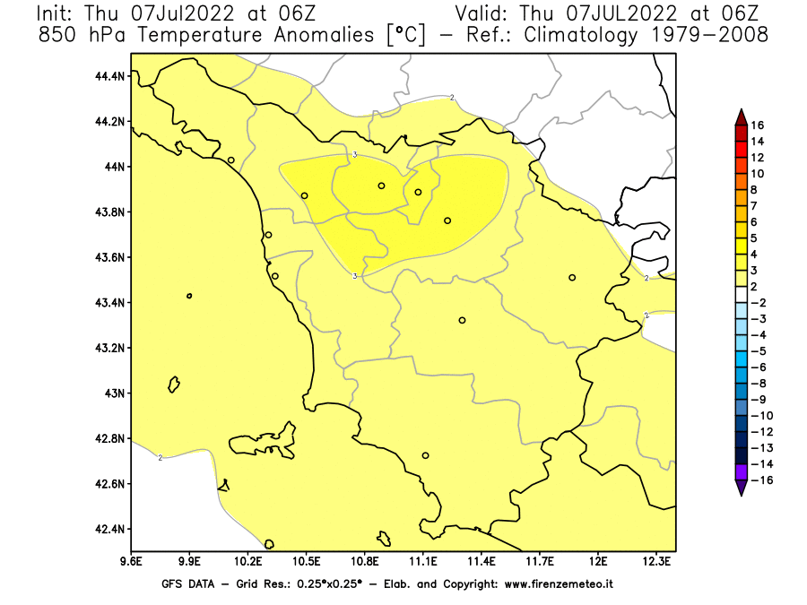 GFS analysi map - Temperature Anomalies [°C] at 850 hPa in Tuscany
									on 07/07/2022 06 <!--googleoff: index-->UTC<!--googleon: index-->