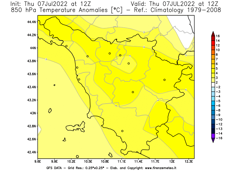 GFS analysi map - Temperature Anomalies [°C] at 850 hPa in Tuscany
									on 07/07/2022 12 <!--googleoff: index-->UTC<!--googleon: index-->