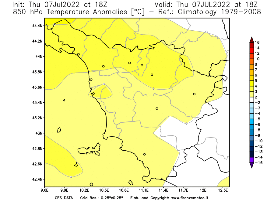 GFS analysi map - Temperature Anomalies [°C] at 850 hPa in Tuscany
									on 07/07/2022 18 <!--googleoff: index-->UTC<!--googleon: index-->