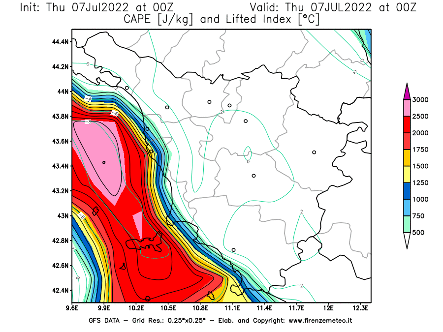 GFS analysi map - CAPE [J/kg] and Lifted Index [°C] in Tuscany
									on 07/07/2022 00 <!--googleoff: index-->UTC<!--googleon: index-->