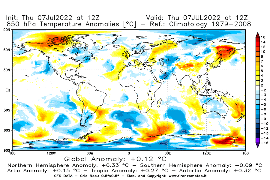 GFS analysi map - Temperature Anomalies [°C] at 850 hPa in World
									on 07/07/2022 12 <!--googleoff: index-->UTC<!--googleon: index-->