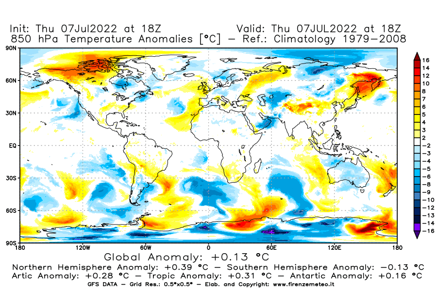 GFS analysi map - Temperature Anomalies [°C] at 850 hPa in World
									on 07/07/2022 18 <!--googleoff: index-->UTC<!--googleon: index-->