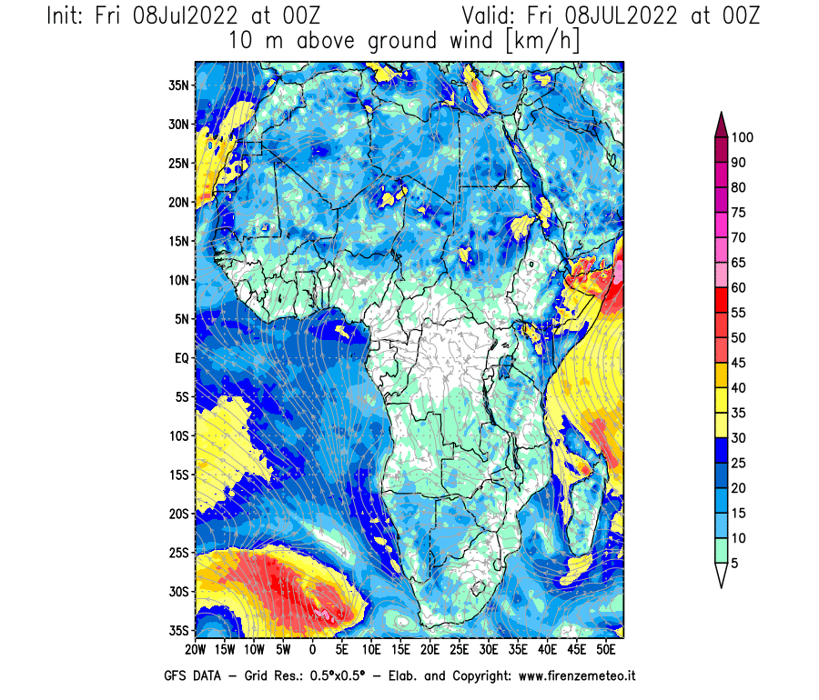 Mappa di analisi GFS - Velocità del vento a 10 metri dal suolo [km/h] in Africa
							del 08/07/2022 00 <!--googleoff: index-->UTC<!--googleon: index-->