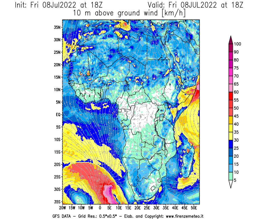 Mappa di analisi GFS - Velocità del vento a 10 metri dal suolo [km/h] in Africa
							del 08/07/2022 18 <!--googleoff: index-->UTC<!--googleon: index-->