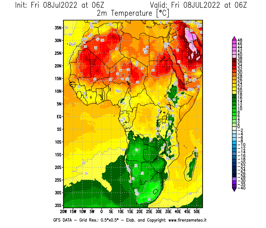 Mappa di analisi GFS - Temperatura a 2 metri dal suolo [°C] in Africa
							del 08/07/2022 06 <!--googleoff: index-->UTC<!--googleon: index-->