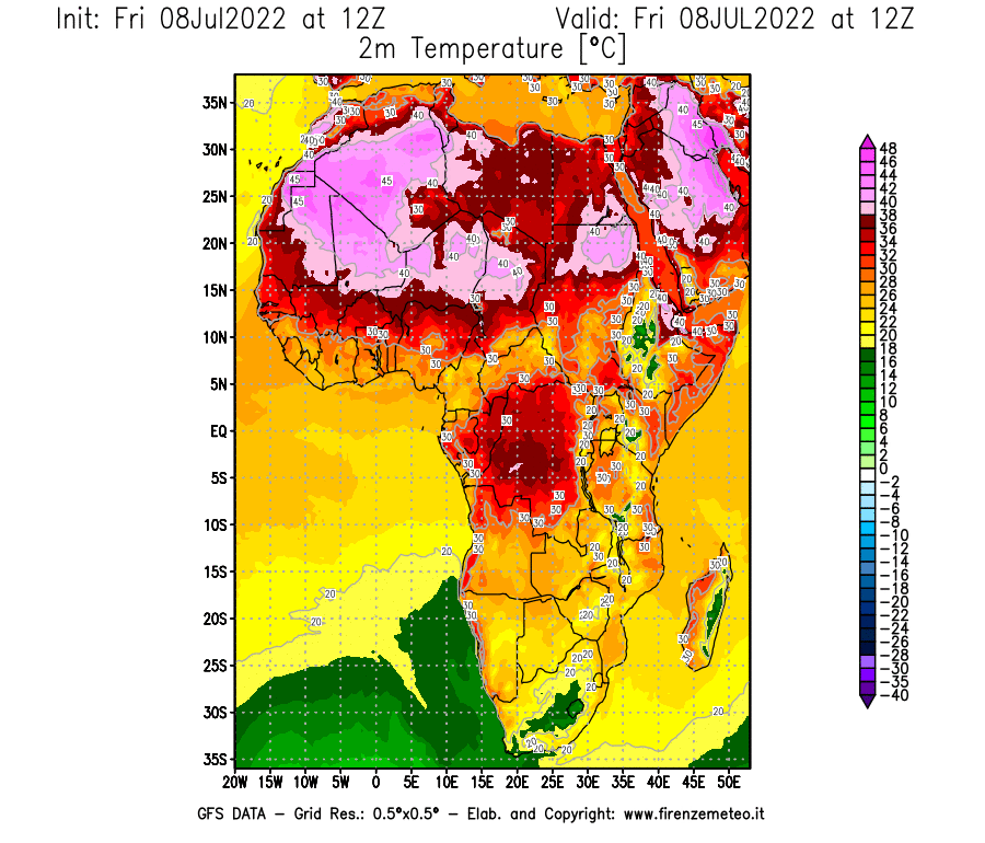 Mappa di analisi GFS - Temperatura a 2 metri dal suolo [°C] in Africa
							del 08/07/2022 12 <!--googleoff: index-->UTC<!--googleon: index-->