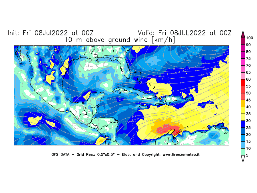 Mappa di analisi GFS - Velocità del vento a 10 metri dal suolo [km/h] in Centro-America
							del 08/07/2022 00 <!--googleoff: index-->UTC<!--googleon: index-->