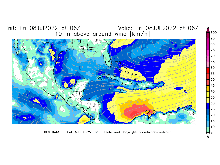 Mappa di analisi GFS - Velocità del vento a 10 metri dal suolo [km/h] in Centro-America
							del 08/07/2022 06 <!--googleoff: index-->UTC<!--googleon: index-->