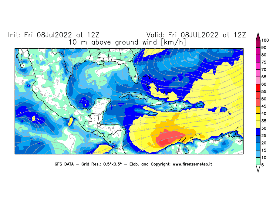 Mappa di analisi GFS - Velocità del vento a 10 metri dal suolo [km/h] in Centro-America
							del 08/07/2022 12 <!--googleoff: index-->UTC<!--googleon: index-->